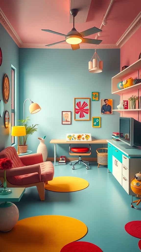 A cozy room with retro-inspired decor featuring pastel walls, a pink sofa, colorful rugs, and quirky art.