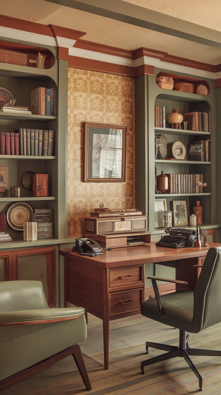 A retro vintage office with wooden furniture, colorful chair, wall art, and decorative shelves.