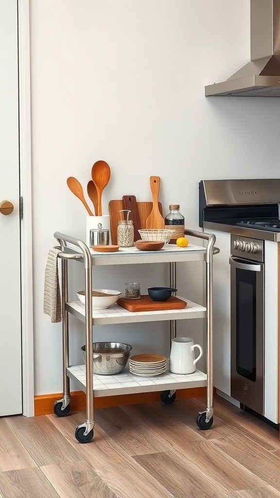 A stylish rolling cart in a compact kitchen, filled with kitchen essentials and ready for use.