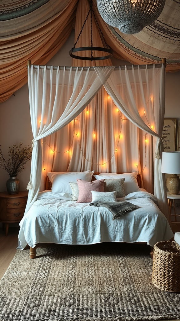 A romantic bohemian bedroom featuring a canopy bed draped in white fabric, warm string lights, decorative pillows, and a woven rug.