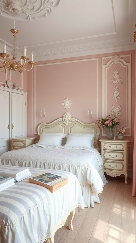 A beautifully styled romantic vintage bedroom with pink walls and elegant furniture.