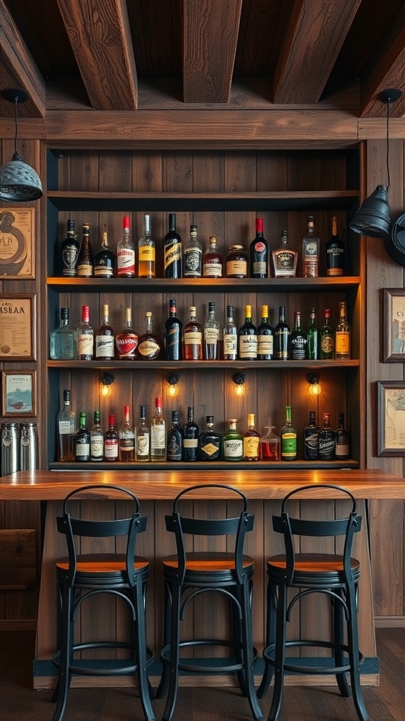 A rustic bar area featuring wooden shelves filled with various bottles and three black bar stools.