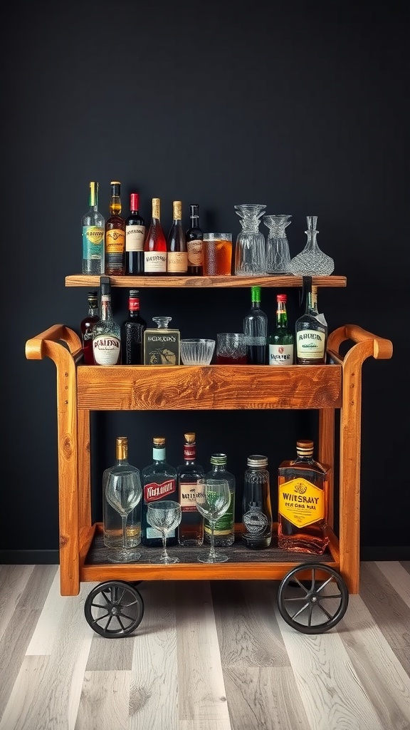 A wooden rustic bar cart with shelves, displaying various bottles and glassware.