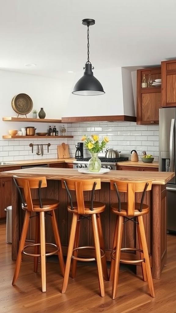 Rustic wooden bar stools in a modern kitchen setting