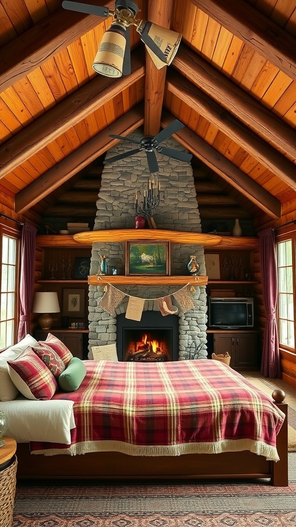 Cozy rustic bedroom with wooden beams, stone fireplace, plaid blanket, and large windows