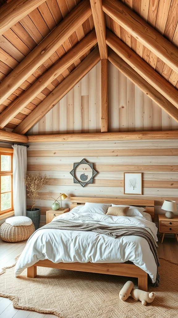 A cozy rustic cabin bedroom with wooden beams, a plush bed, and large windows