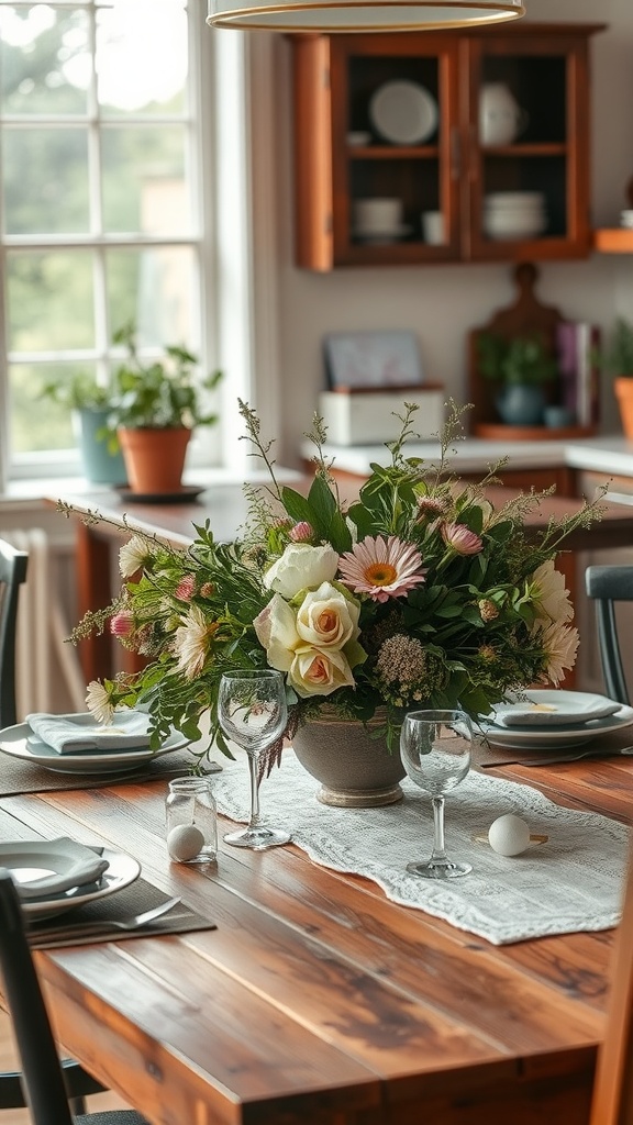 A rustic kitchen table featuring a floral centerpiece with roses and daisies, along with elegant glassware and a lace runner.