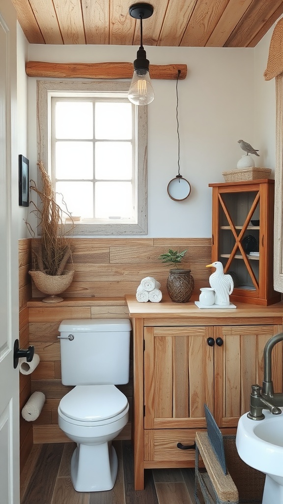 A cozy rustic bathroom featuring wooden accents, a light fixture, and natural decor elements.