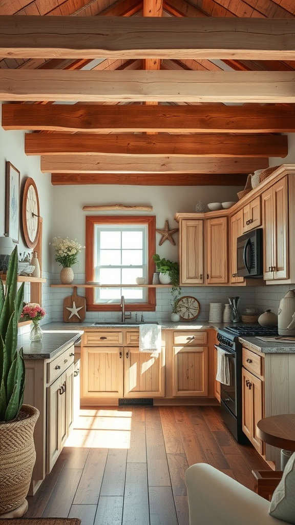 A coastal kitchen featuring rustic wooden beams, light wood cabinets, and nautical decor.