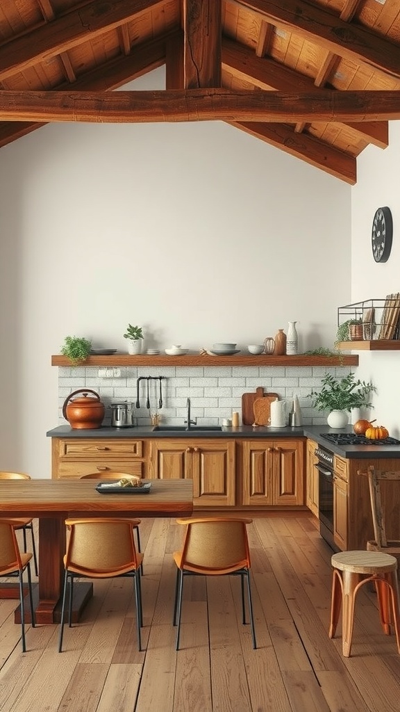 A rustic kitchen with wooden cabinets, a dark countertop, and a warm atmosphere