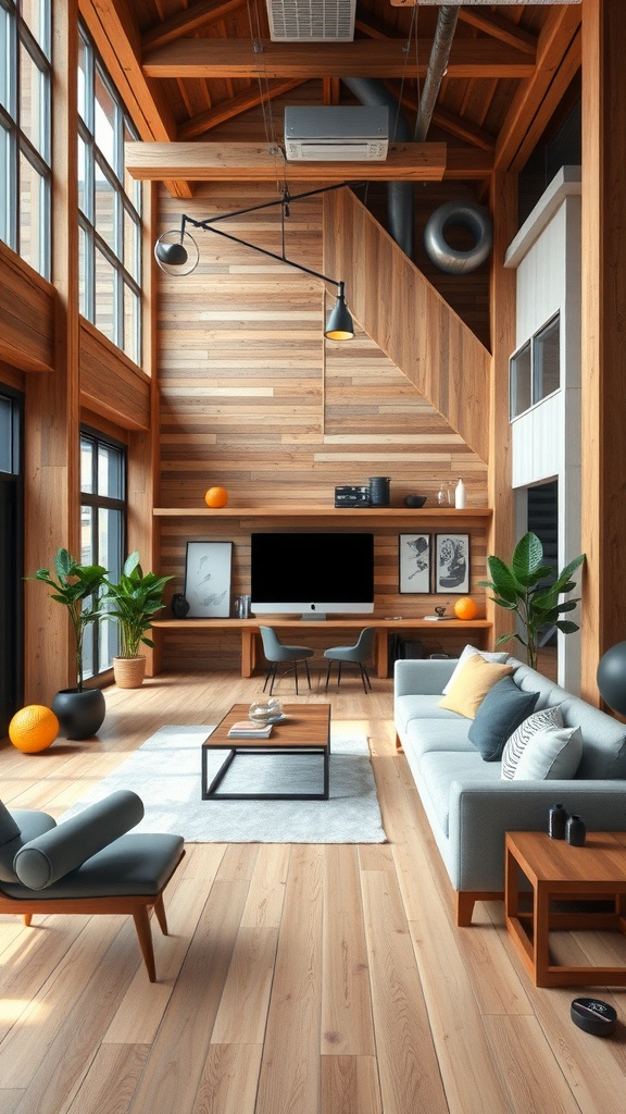 A modern urban loft featuring rustic wooden elements, large windows, cozy furniture, and green plants.
