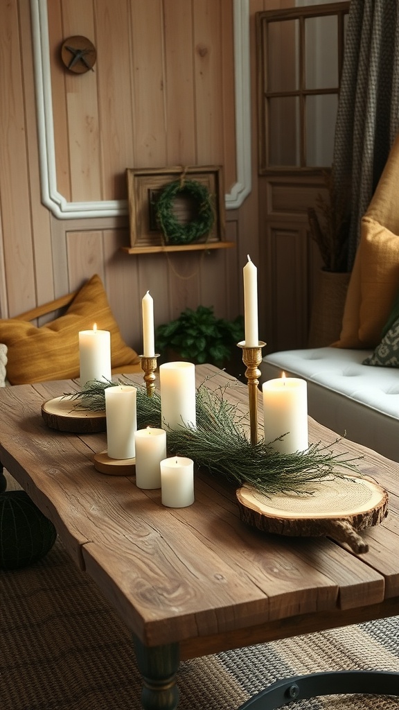 A rustic coffee table styled with candles and greenery in a cozy setting.