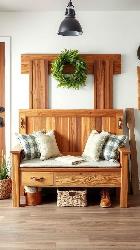 A rustic wooden bench with cushions, a green wreath above it, and a cozy entryway setting.