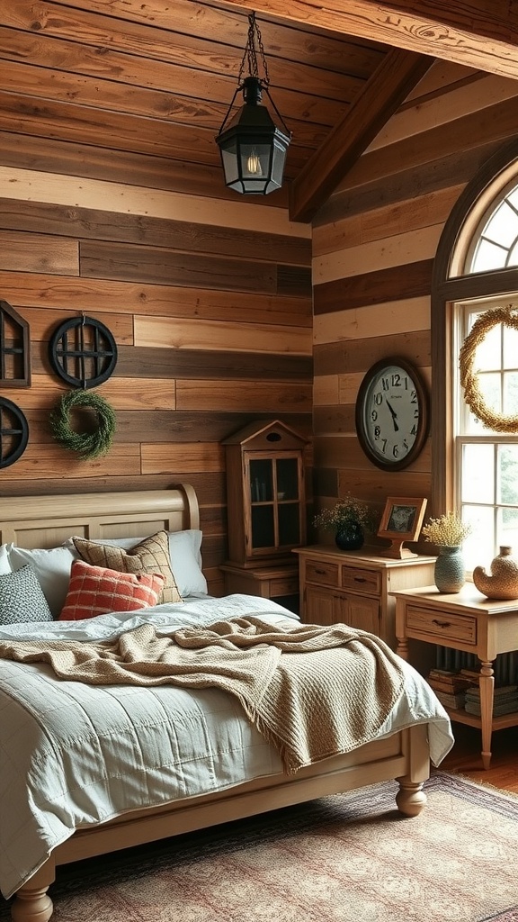 A cozy bedroom featuring rustic wooden walls, a bed with soft linens, and farmhouse decor.