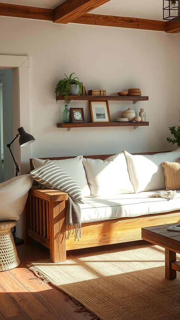 A cozy rustic farmhouse couch with neutral cushions, a wooden frame, and minimalist decor, set in a warm living room.