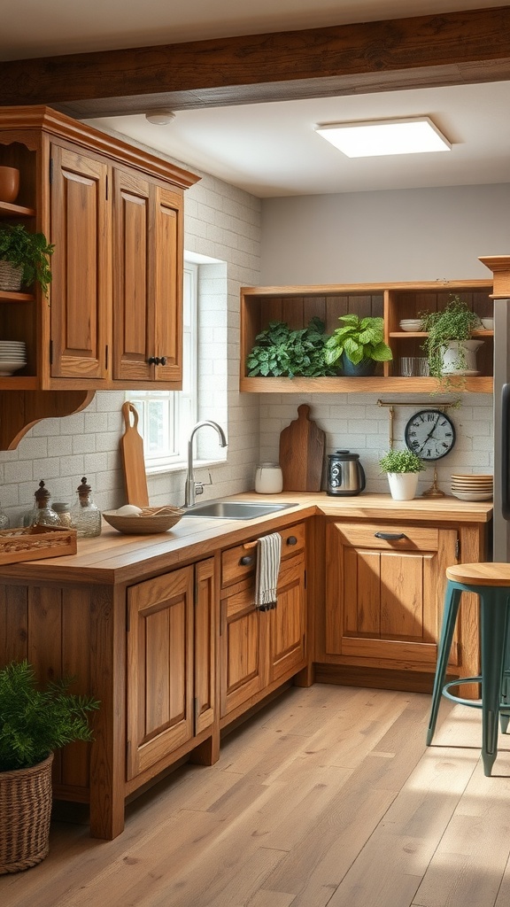 A rustic farmhouse style kitchen featuring wooden cabinets and open shelves with plants