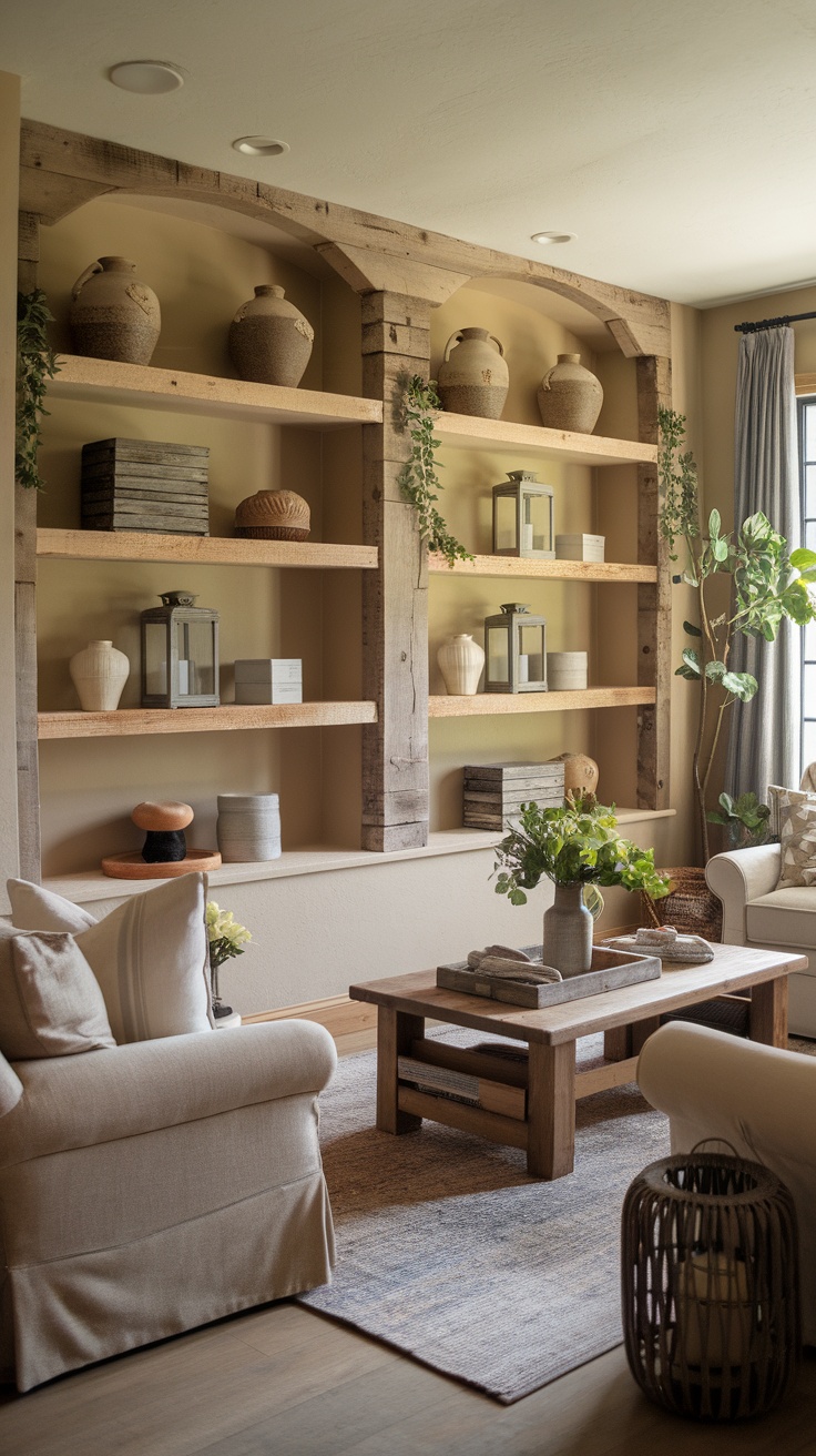 Rustic farmhouse style built-in shelves with decorative items and comfortable seating