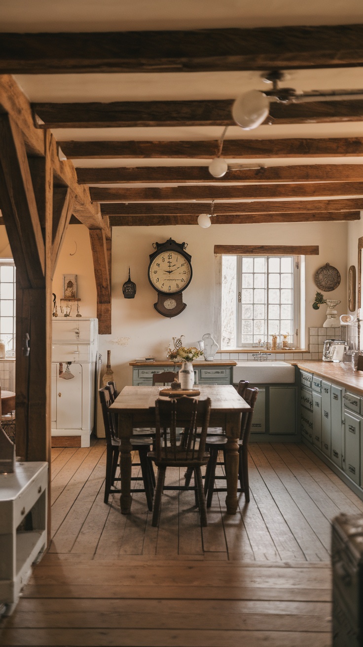 A rustic farmhouse kitchen featuring wooden beams, green cabinets, and a farmhouse table