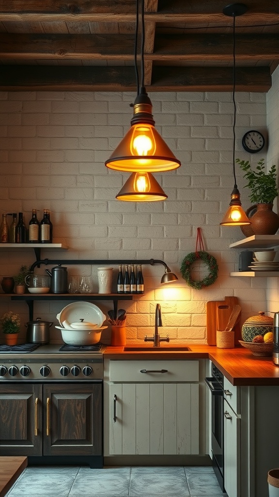 A rustic kitchen featuring warm pendant lights hanging from a wooden ceiling.