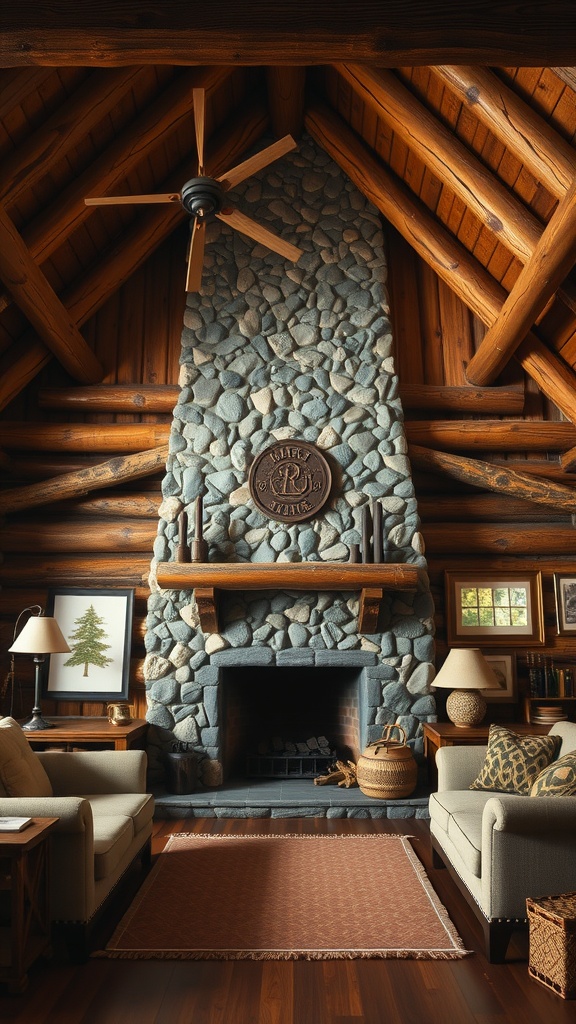 Cozy rustic living room with a stone fireplace and wooden beams