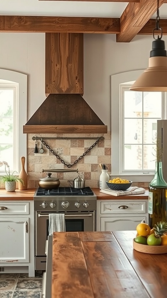 A rustic kitchen featuring a tile backsplash, wooden beams, and a cozy atmosphere.