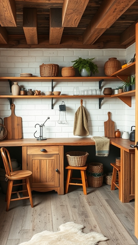Cozy rustic utility room with wooden furniture, woven baskets, and handmade decor.