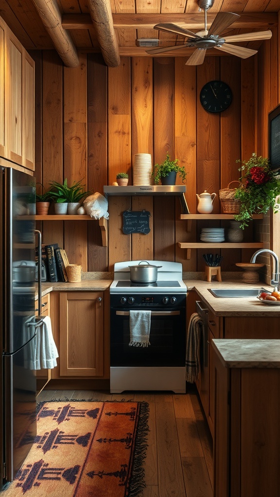 A cozy rustic kitchen featuring wooden wall paneling, modern appliances, and warm lighting.