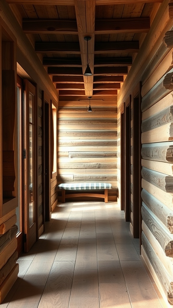 A rustic wooden hallway with natural wood walls and beams, featuring a bench and soft lighting.