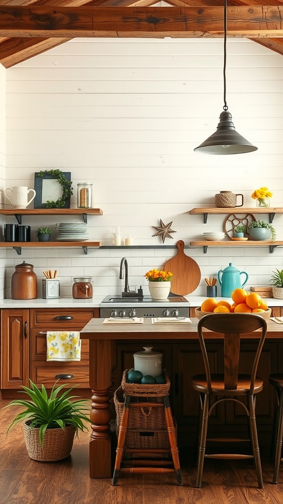 A rustic farmhouse kitchen featuring wooden cabinets, colorful decor, and plants.