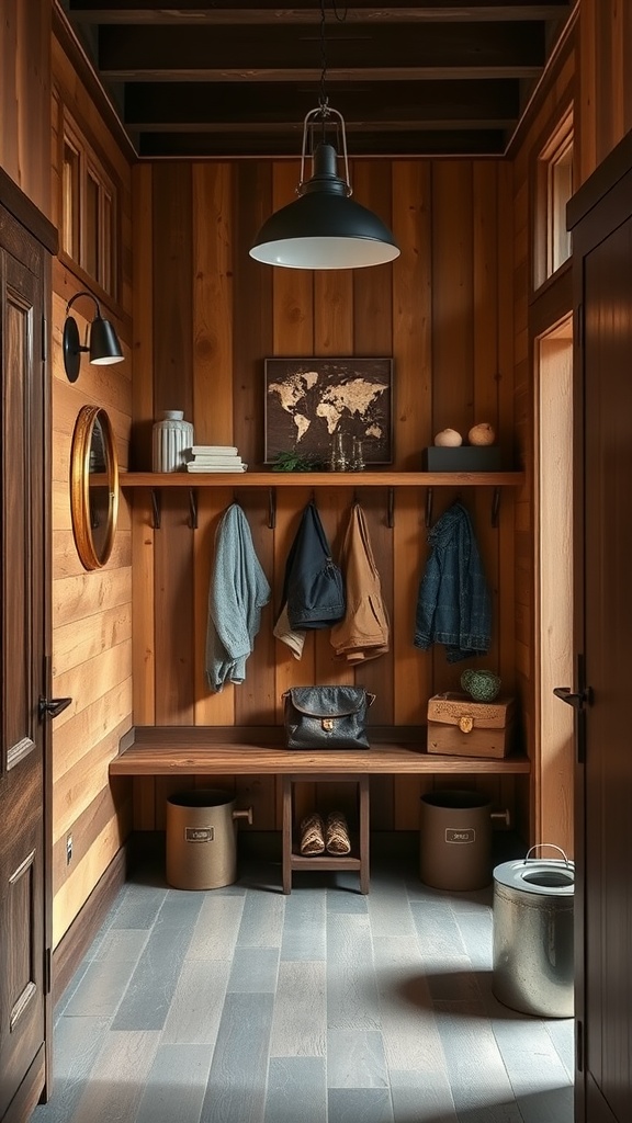 A rustic mudroom with wooden paneling, a bench, hooks for coats, and modern lighting.