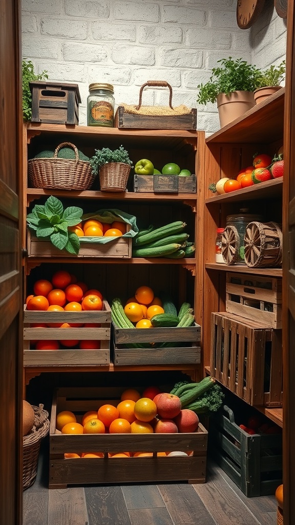 A well-organized pantry featuring wooden crates filled with fruits and vegetables against a brick wall.