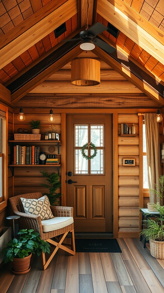 Cozy tiny house entryway with rustic wooden walls, a wooden door, and natural decor elements.