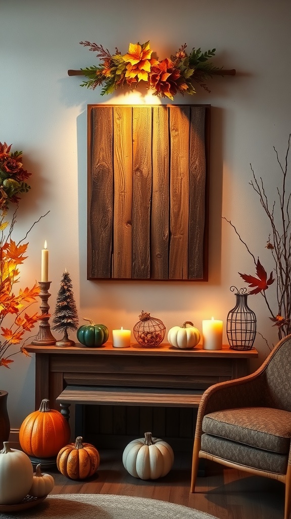 Rustic wooden wall art with fall leaves, surrounded by pumpkins and candles on a console table.