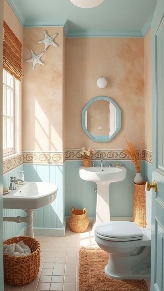 A coastal-themed bathroom featuring sandy brown and aqua colors with natural decor.