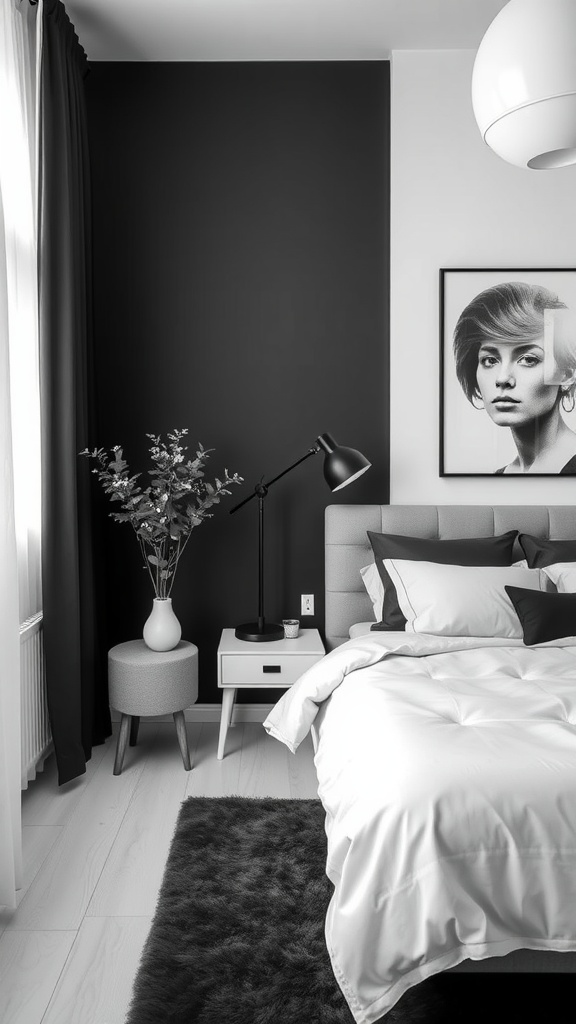 A monochrome Scandinavian bedroom featuring a dark wall, light bedding, and modern decor.