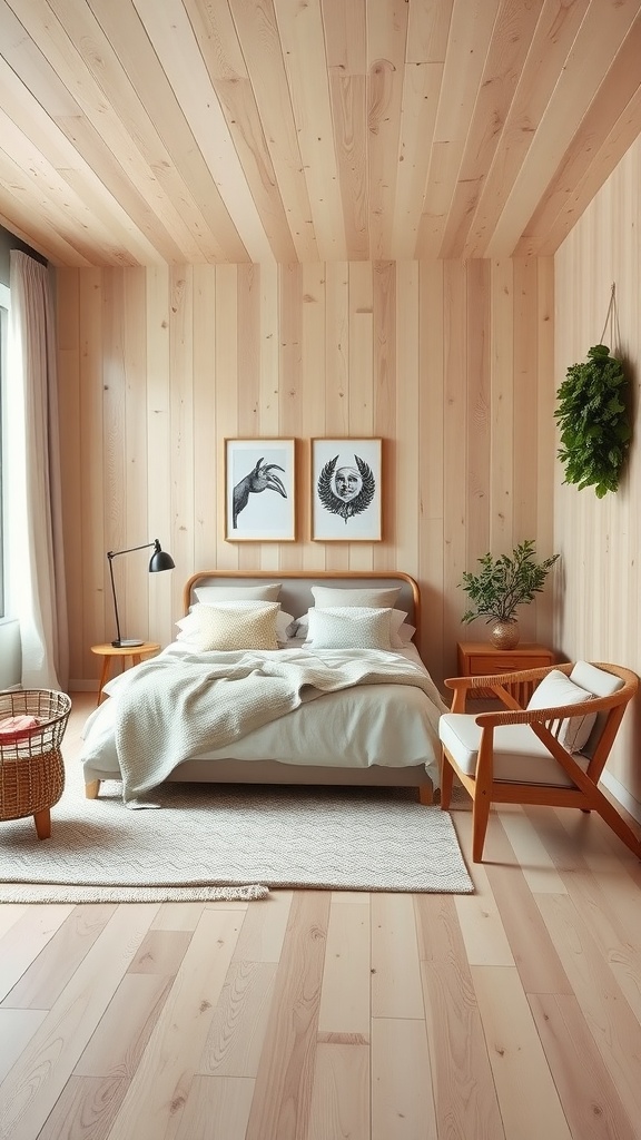 A serene Scandinavian bedroom with wooden walls, a cozy bed, and soft textiles.