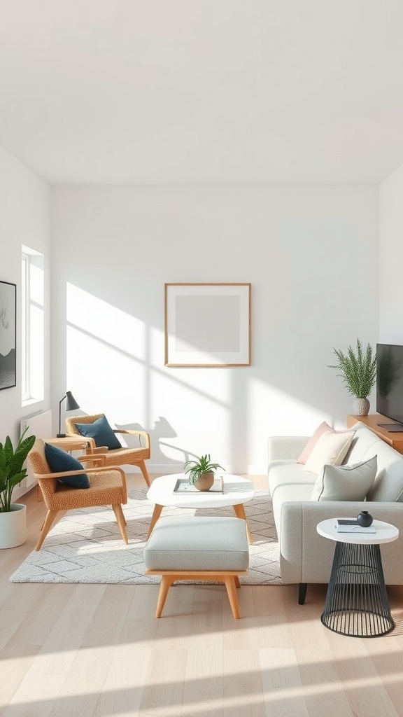 A minimalistic Scandinavian living room featuring clean lines and functional furniture.