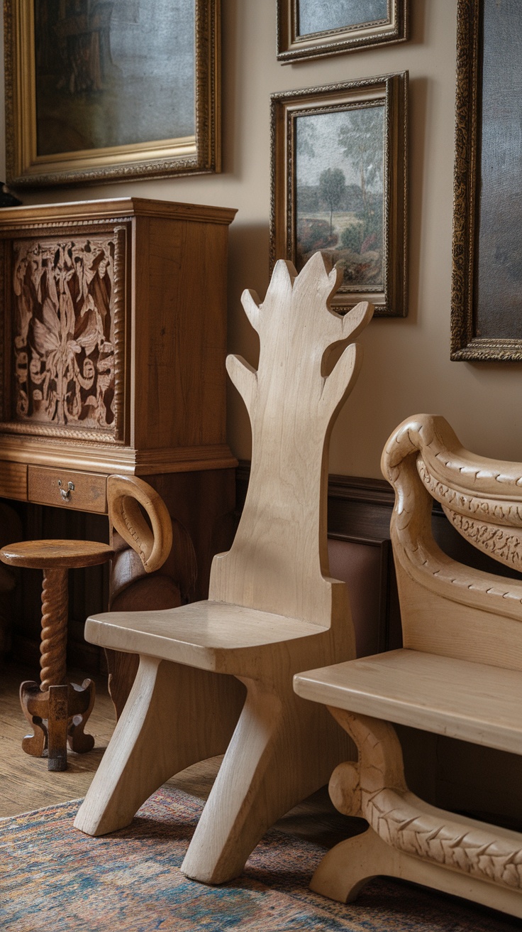 A Victorian living room featuring ornate furniture, intricate carvings, and a chandelier