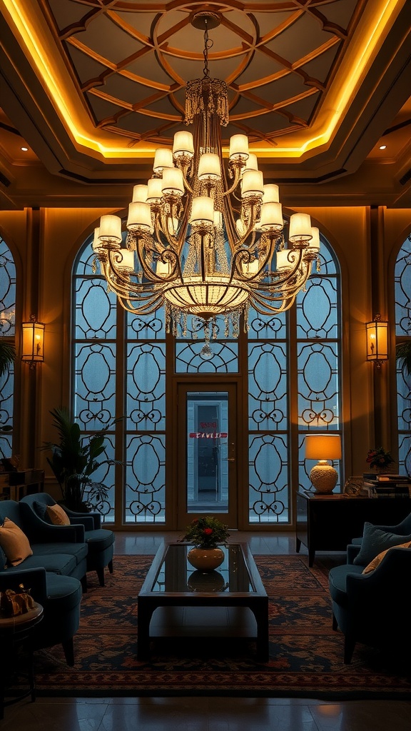 An elegantly designed Art Deco interior featuring a large chandelier and beautiful architectural details.