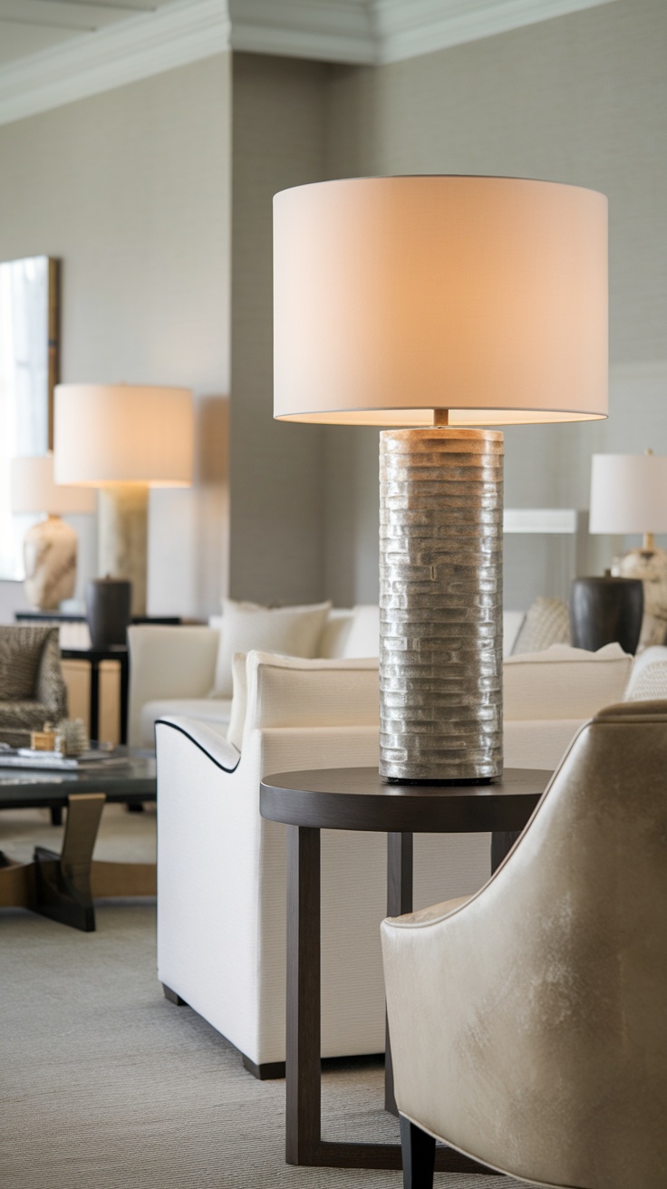 A stylish sculptural table lamp on a side table in a modern living room setting.