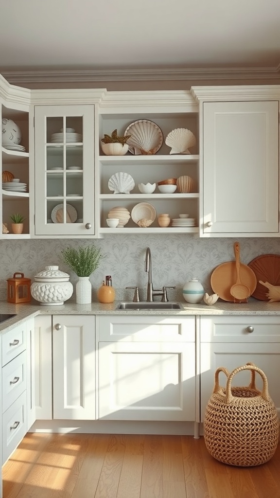 A coastal kitchen with seashells displayed on shelves, light cabinetry, and a woven basket.