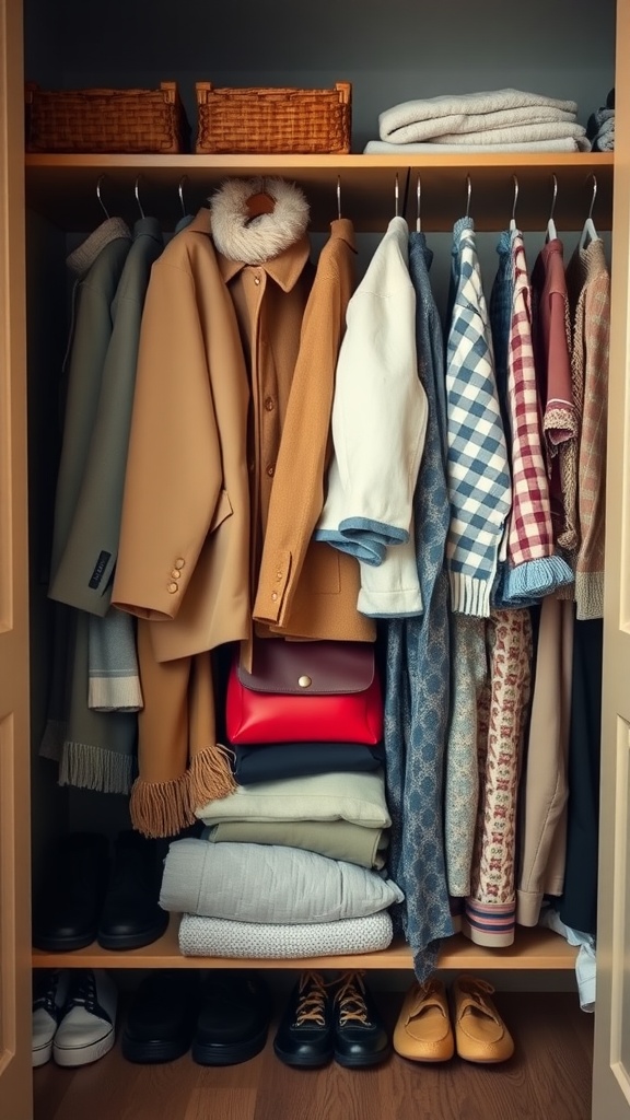 An organized closet displaying seasonal clothing, featuring coats, sweaters, and neatly folded items on shelves.
