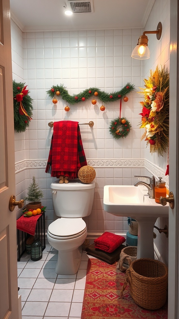 A cozy winter-themed bathroom with red and green decor, including wreaths and festive touches.