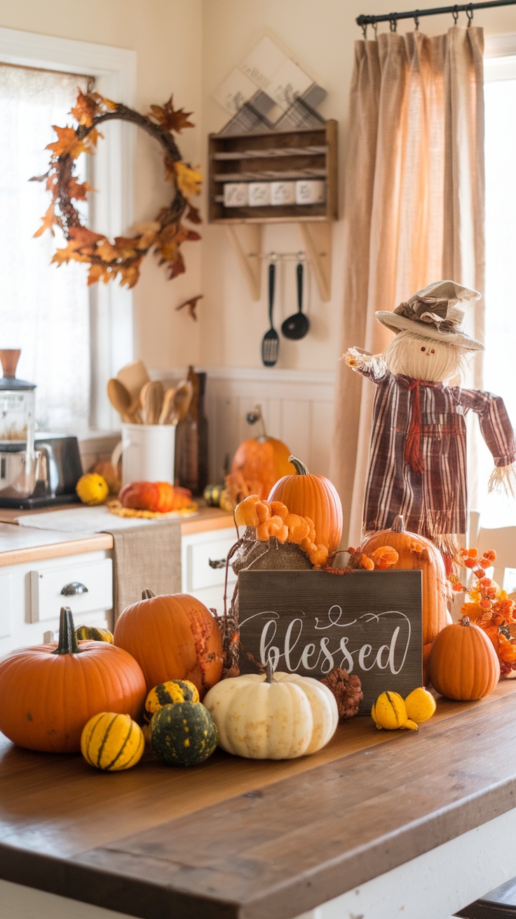 A cozy farmhouse kitchen decorated for fall with pumpkins, colorful leaves, and plants.