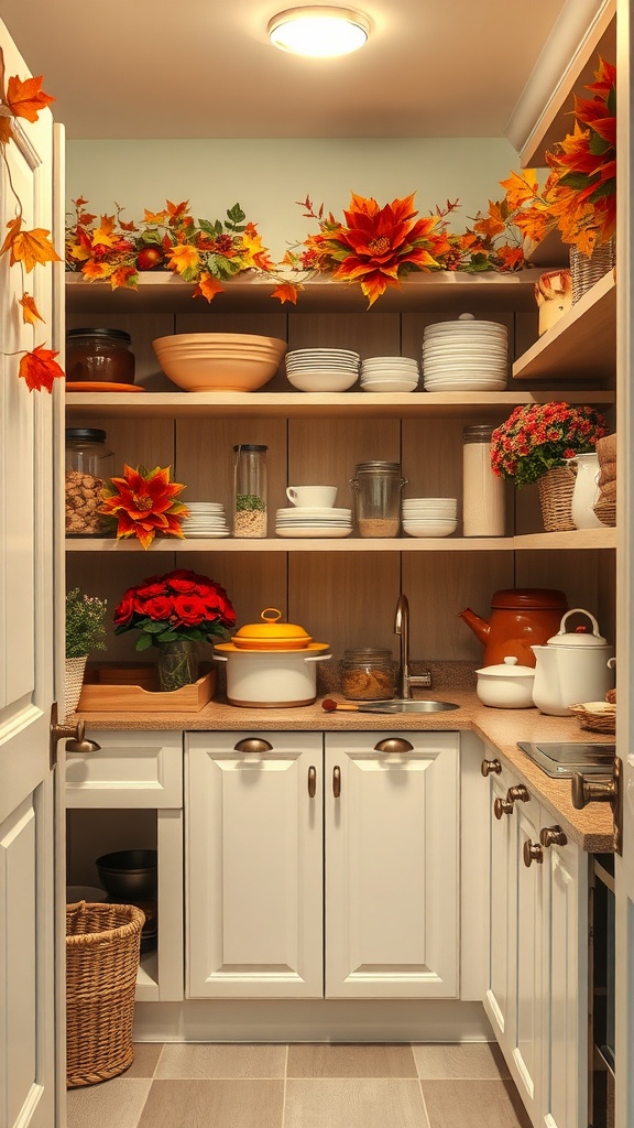 A beautifully decorated pantry with autumn leaves and flowers, showcasing seasonal decor accents.