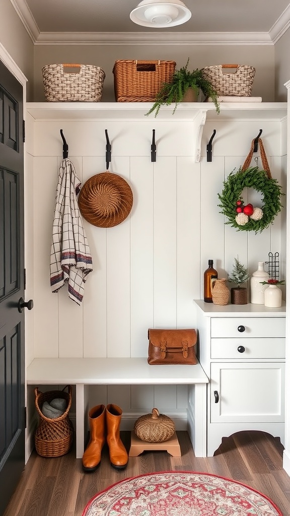 A stylish mudroom featuring white walls, wicker baskets, hooks for coats, and seasonal decor like a wreath.