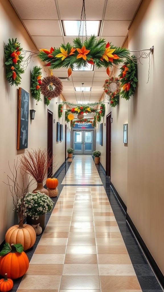 Decorated hallway with autumn-themed decorations including garlands, pumpkins, and potted plants.