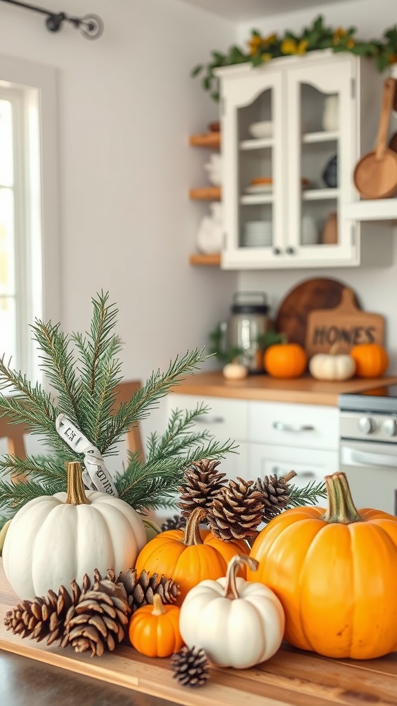A rustic kitchen decor featuring pumpkins, pinecones, and greenery on a wooden countertop.