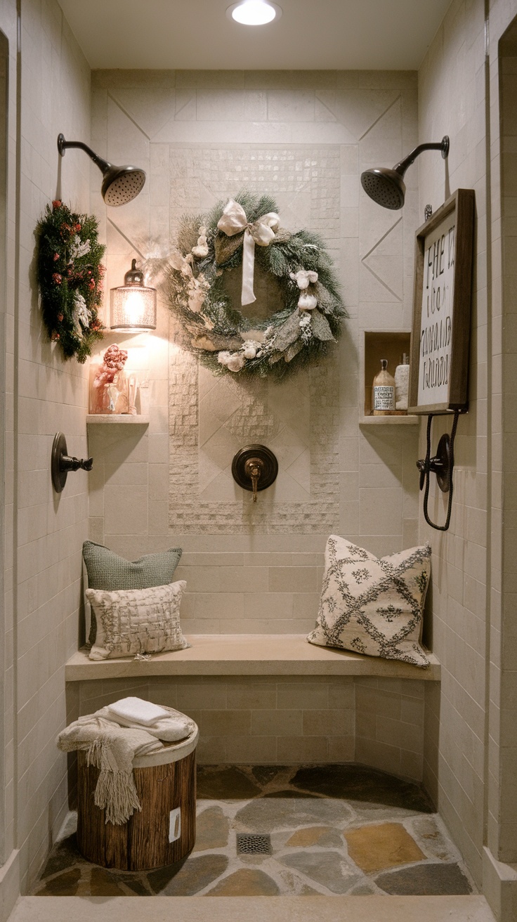 A festive shower decorated with garlands, a reindeer, and a mini pine tree.