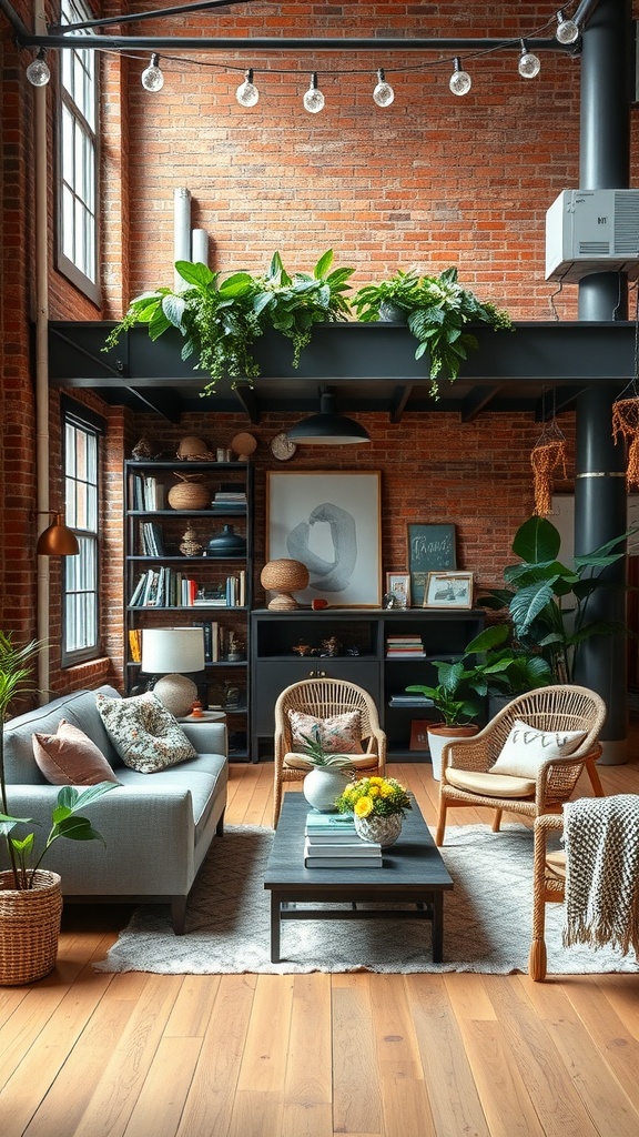 A cozy urban loft with exposed brick walls, plants, and comfortable seating.